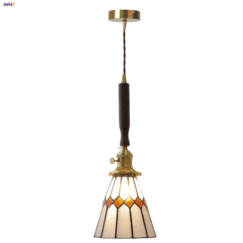 Afralia™ Tiffany Glass LED Pendant Light with Walnut Copper Knob Switch