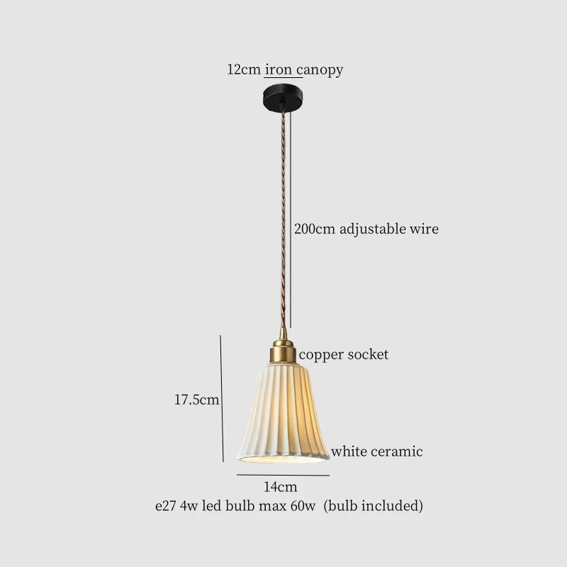 White Ceramic Brass LED Pendant Light - Vintage Japanese Hanglamp