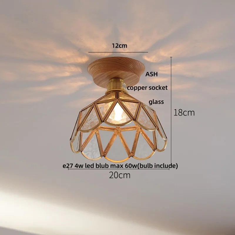Tiffany Glass Copper Ceiling Lights Wood Ash LED Lamp Japan Style