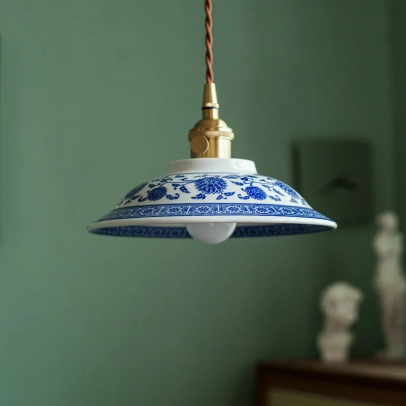 Patterned Ceramics LED Pendant Lights Vintage Copper Hanging Lamp