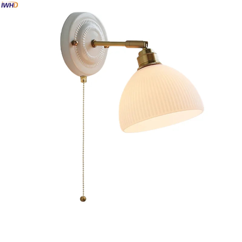 White Glass LED Wall Lights Pull Chain Switch Copper Arm - Bedroom Stair Living Room Mirror Bedside Lamp