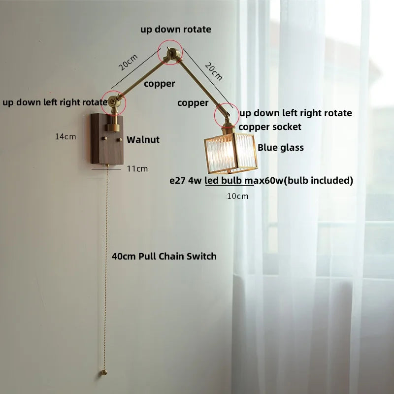 Ash Wood LED Swing Arm Wall Light with Pull Chain Switch & Blue Glass