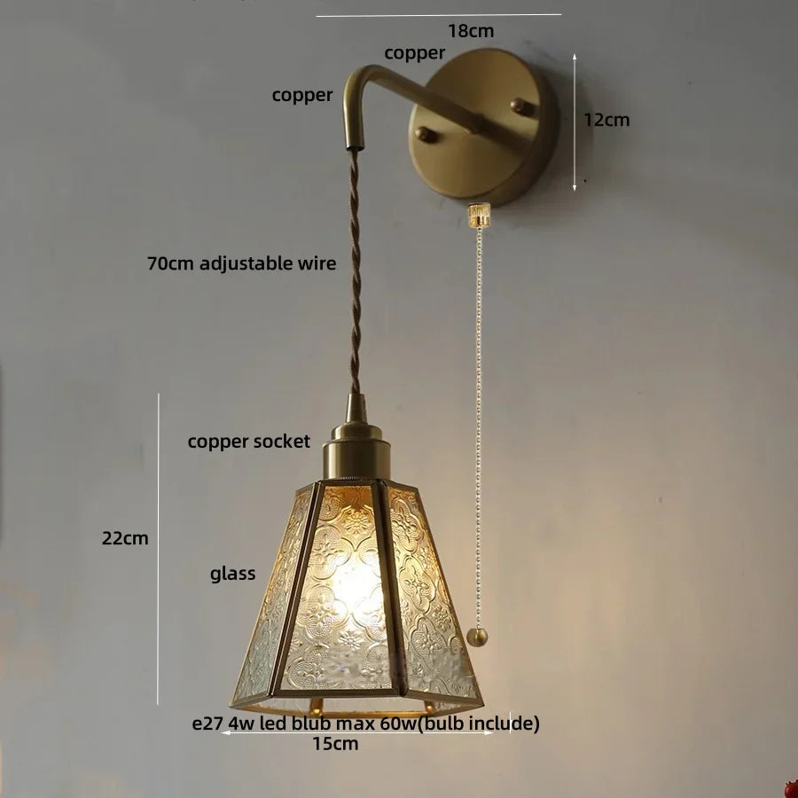 Blue Glass LED Wall Sconce Pull Chain Switch Staircase Tiffany Style Mirror Light