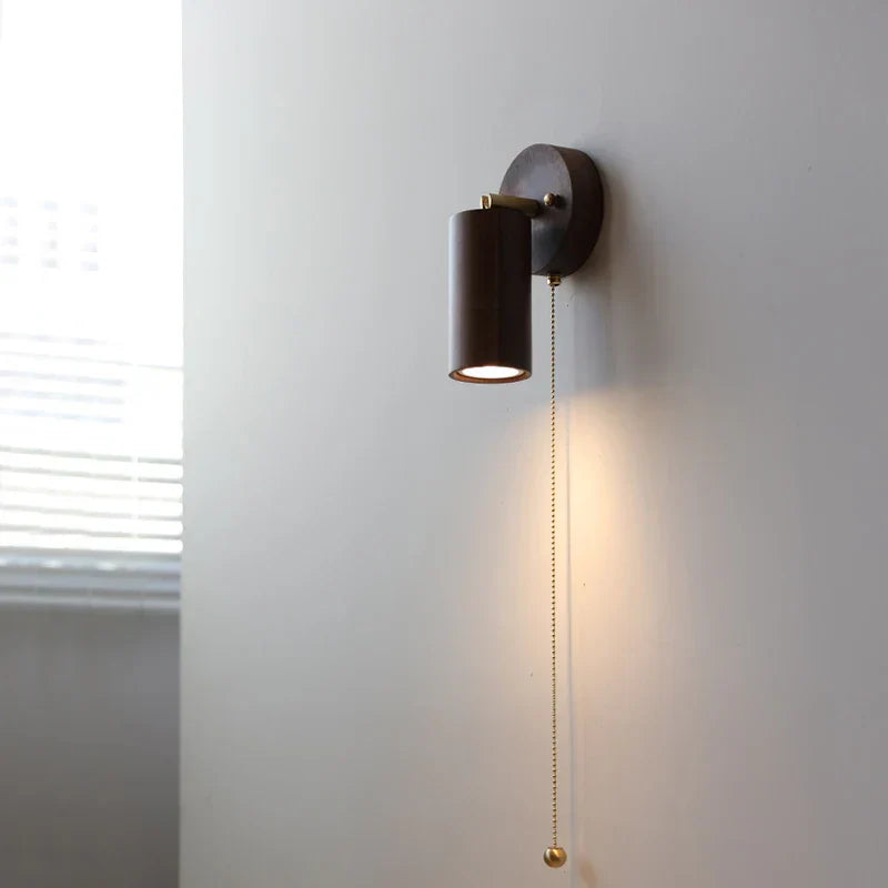 Nordic LED Wall Lamp Rotate Walnut Pull Chain Switch Mirror Light