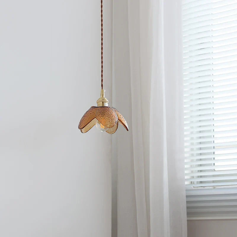 Amber Glass LED Pendant Light Fixture Nordic Modern Copper Hanging Lamp