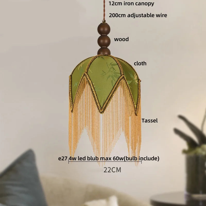 Afralia™ Vintage LED Pendant Lights Iron Tassel Wood Ball Hanging Lamp