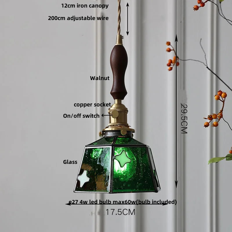 Afralia™ Tiffany Glass LED Pendant Lamp with Walnut Knob Switch