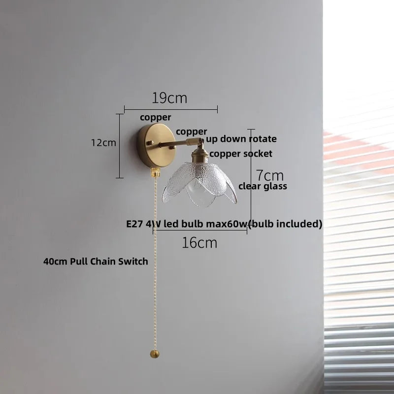 Pink Flower Glass Wall Light Fixture for Bedroom with Pull Chain Switch