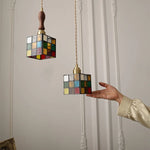 Rubik's Cube LED Pendant Lamp - Walnut Wood Colorful Glass Hanging Lights