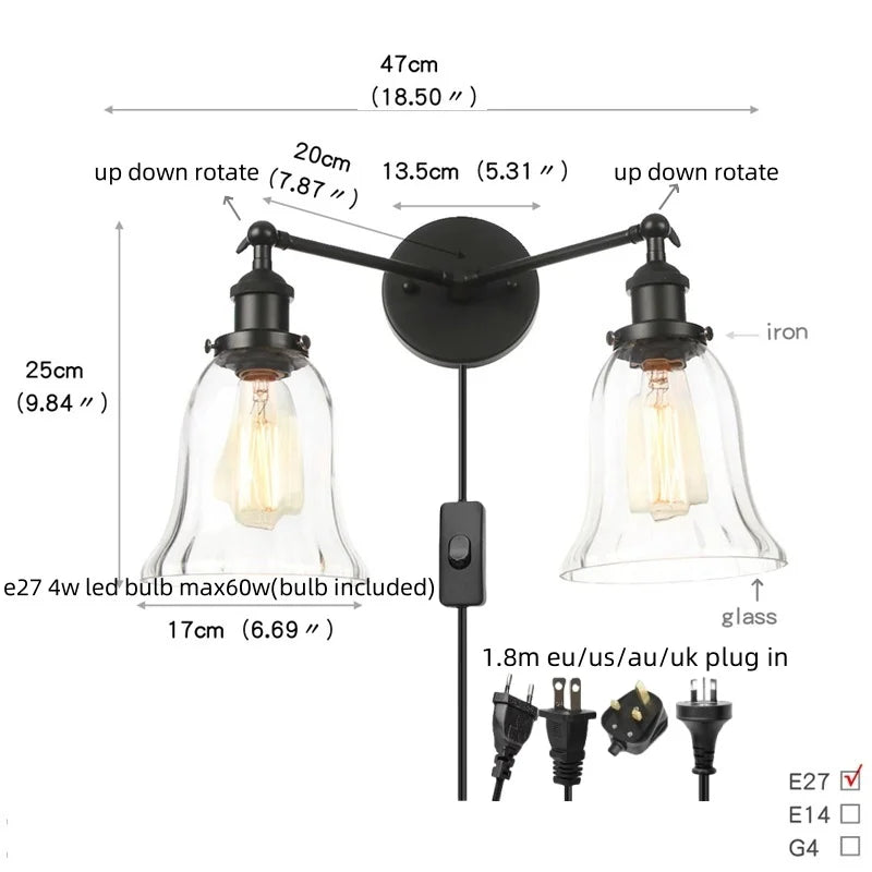 Black LED Wall Sconce 2-Head Lamp for Bedroom Bathroom Mirror