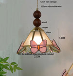 Pink Butterfly LED Pendant Light Fixture Tiffany Glass Wood Ball Hang Lamp