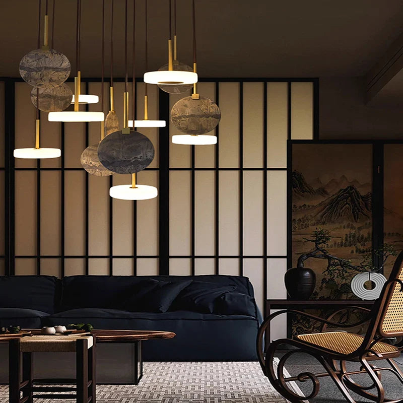 Marble Matches Wood LED Ceiling Chandelier Pendant Light for Living Room