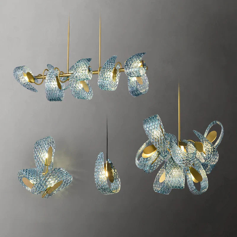 Blue Glass Flower Ceiling Chandelier Copper Hanging Lamps