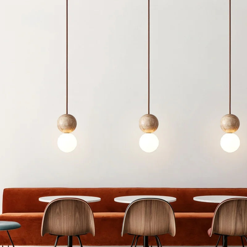 Afralia™ Stone Glass LED Hanging Lamp for Living & Dining Room, Yellow Travertine Nordic Pendant Lighting