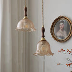 Amber Glass LED Pendant Lamp Walnut Wood Copper Hanging Light
