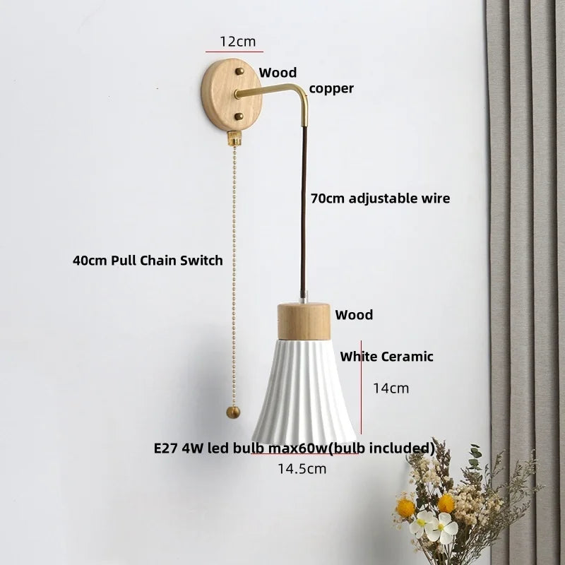Ceramic Wood Wall Sconce LED Light with Pull Chain Switch - Modern Nordic Style