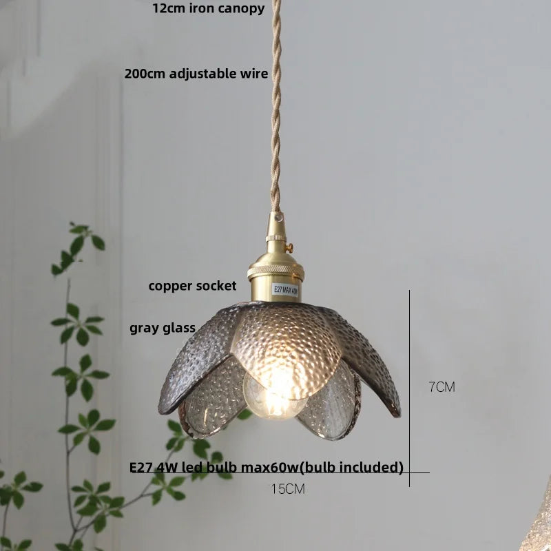 Amber Glass LED Pendant Light Fixture Nordic Modern Copper Hanging Lamp
