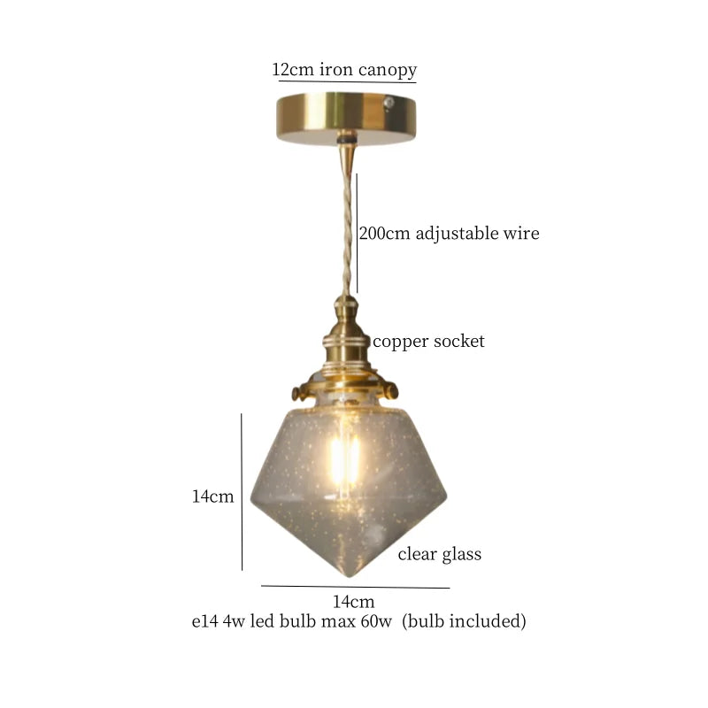 Brass Amber Glass LED Pendant Light for Restaurant Bedside Kitchen Loft Bar