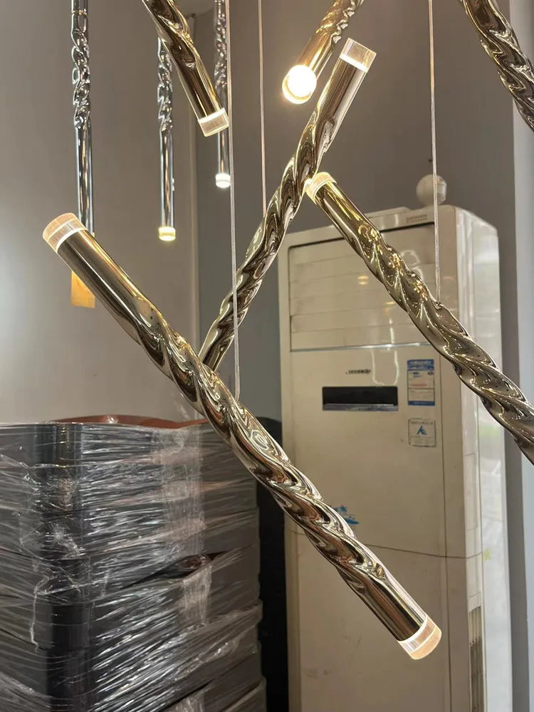 Modern LED Spiral Chandelier Cylinder Gold Chrome for Penthouse Villa