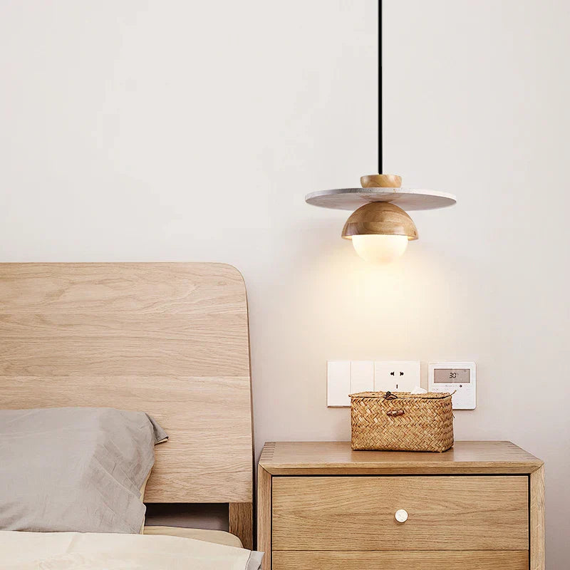 White Glass Ball LED Pendant Light - Modern Nordic Wood Home Decor EntityState -Yellow Travertine.