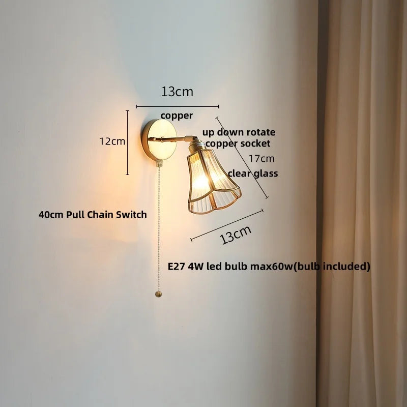 Copper LED Wall Lights with Glass Shade & Pull Chain Switch