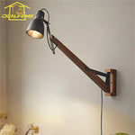 LED Long Pole Swing Arm Wall Lamp, Solid Wood, Adjustable, Industrial Designer