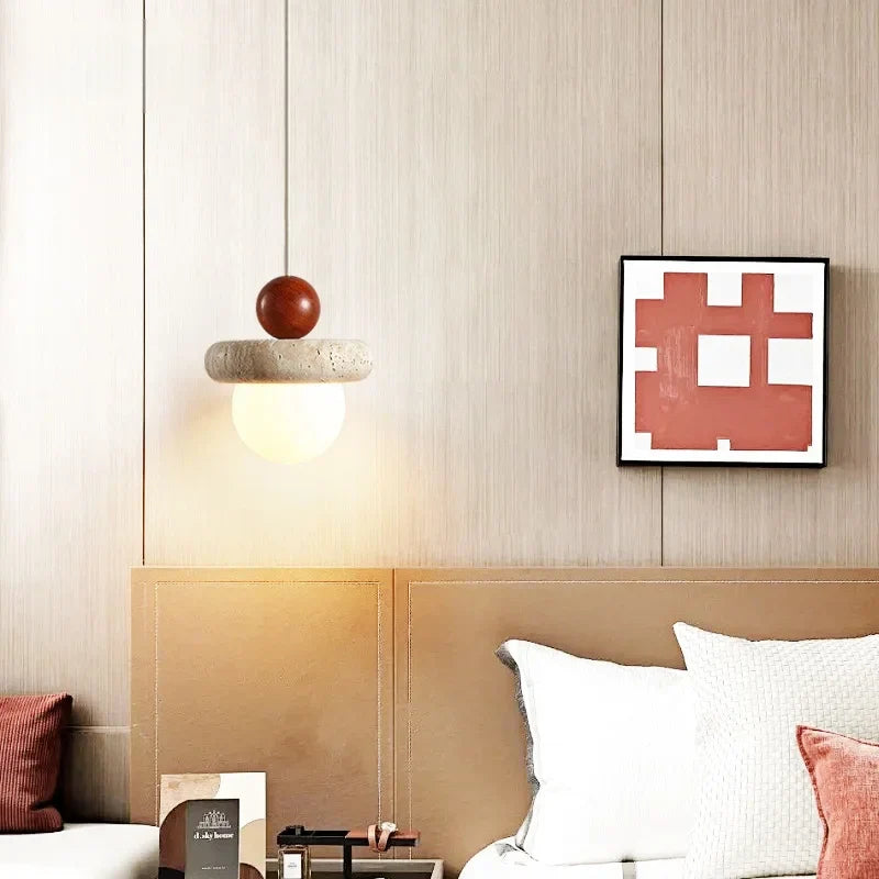 Nordic LED Wood Pendant Light Yellow Travertine Interior Lighting