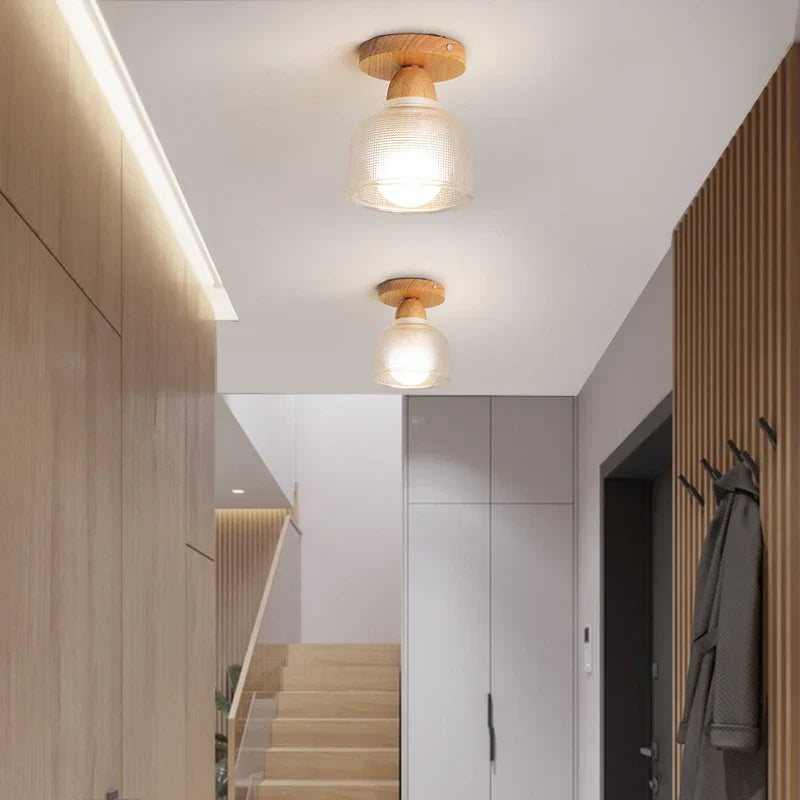 Nordic Wood Glass LED Ceiling Light Modern Indoor Lighting Balcony Corridor Restaurant