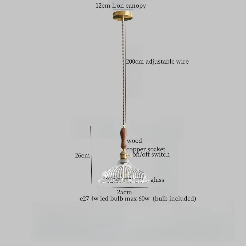Copper Wood Glass LED Pendant Lamp - French Minimalist Design for Home Decor