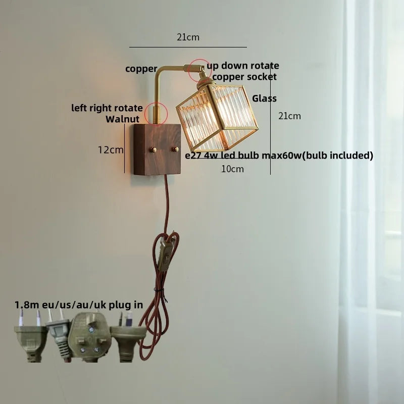 Clear Glass LED Wall Light Walnut Bedside Lamp Modern Rotatable Brass Wall Lights