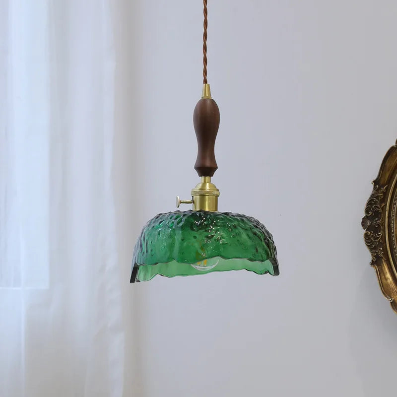 Green Glass LED Pendant Lamp with Knob Switch, Copper Chandelier