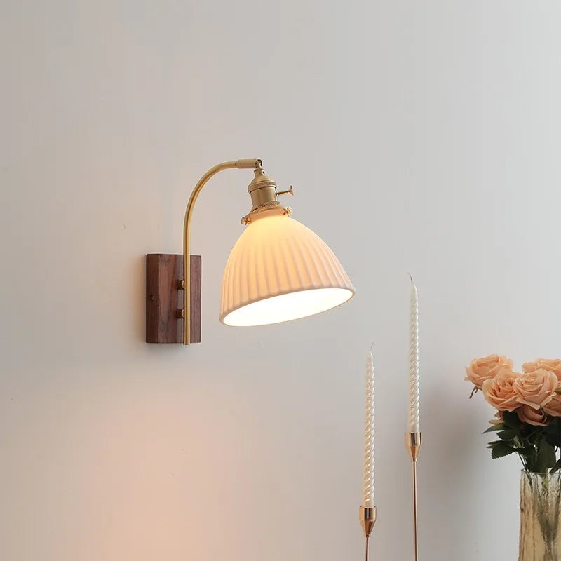 Ceramic Walnut LED Wall Lights Modern Bedside Lamp - Knob Switch