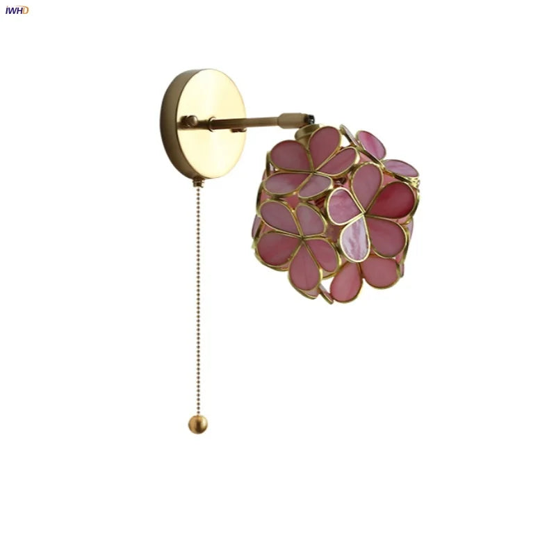 Pink Flower Glass Wall Light Fixture for Bedroom with Pull Chain Switch