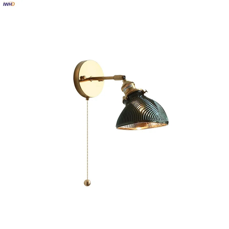 Green Glass LED Wall Sconce, Modern Nordic Rotate Copper Stair Light