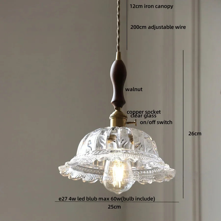 Afralia™ Flower Glass LED Pendant Lights with Walnut Wood Finish