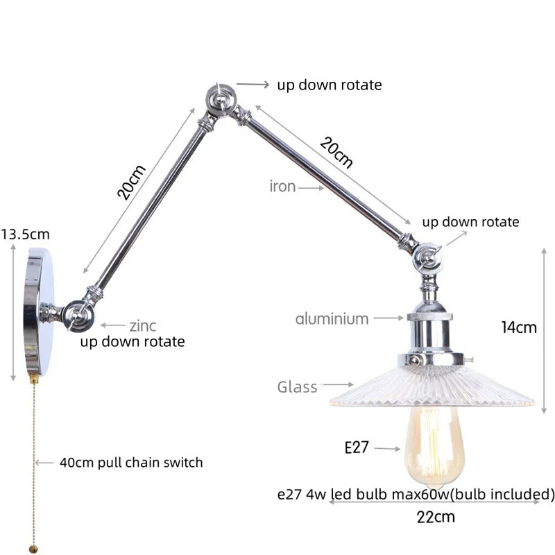 White Glass Swing Arm LED Wall Sconce for Industrial Loft, Coffee, Hallway