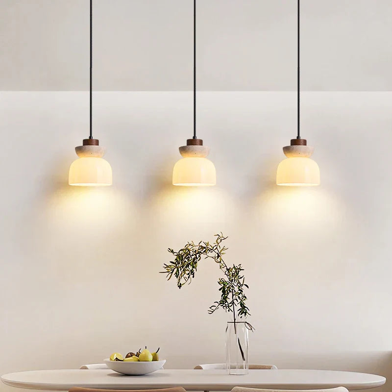 Afralia™ White Glass LED Pendant Lamp Yellow Travertine Nordic Modern Interior Lighting