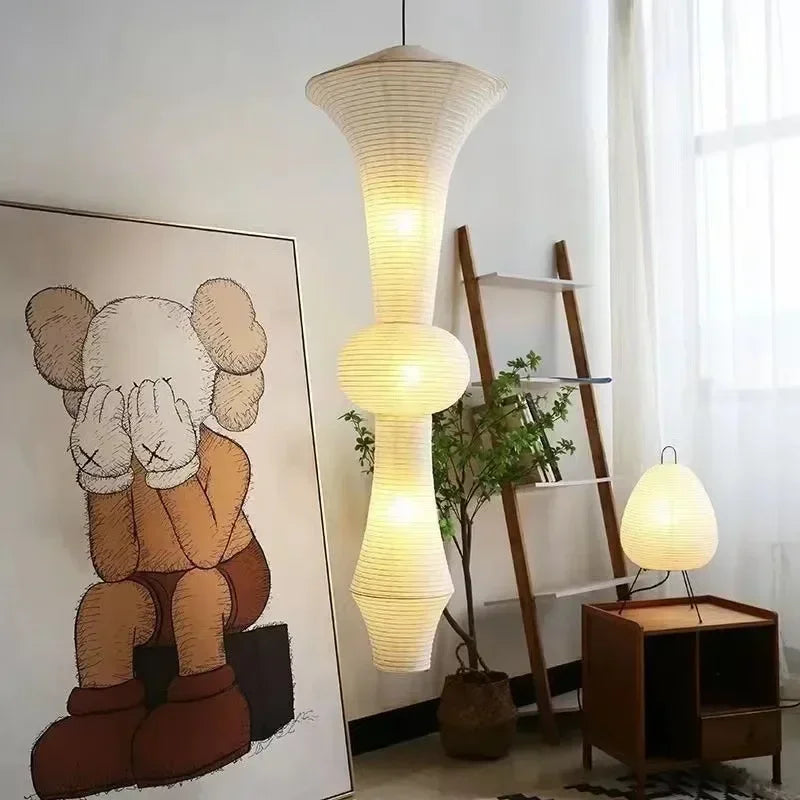 Japanese Cotton Paper Pendant Lamp Wabi Sabi Chandelier with E27 Bulb