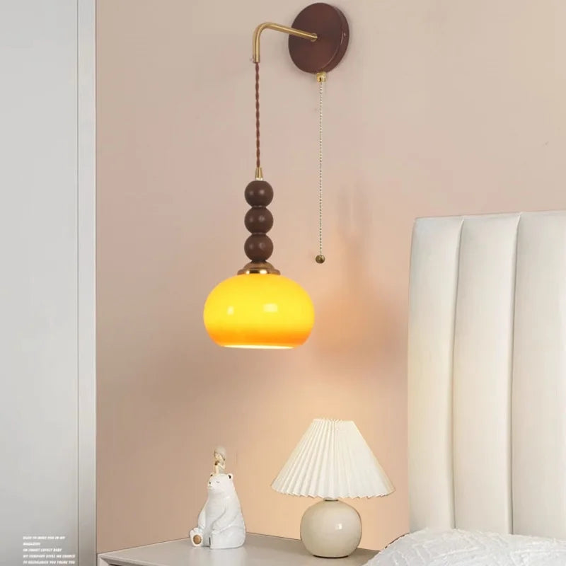 Modern LED Walnut Wood Wall Lights with Glass Shade & Pull Chain Switch