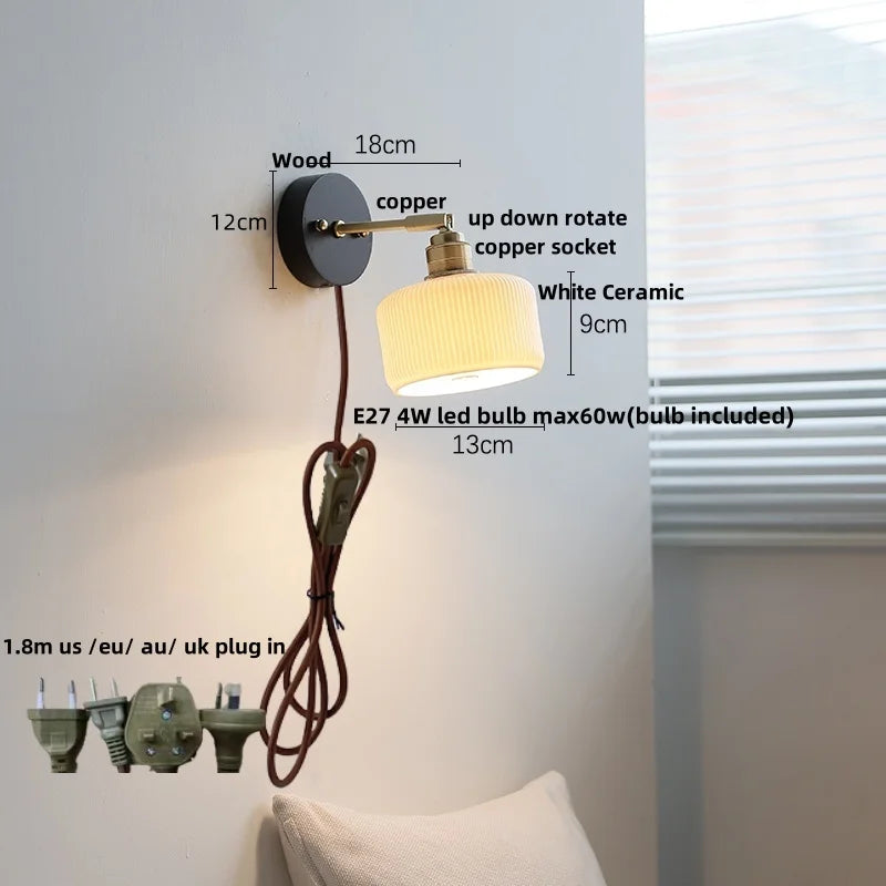 White Ceramic LED Wall Lamp Wood Canopy Sconce Reef Pull Chain Switch