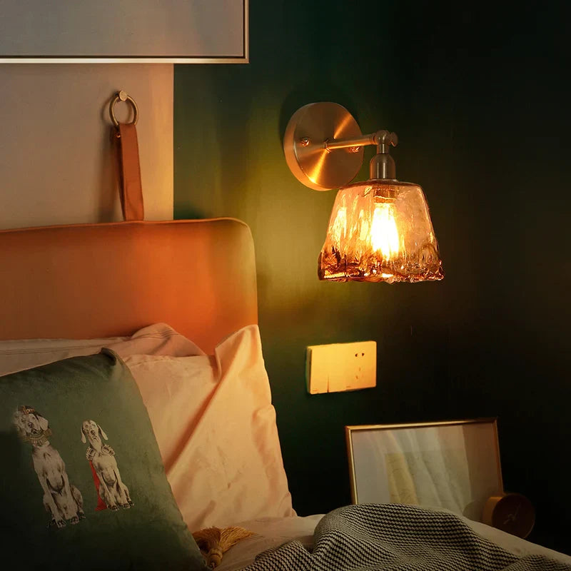 Amber Glass LED Wall Lamp for Bedroom Minimalistic Copper Lighting