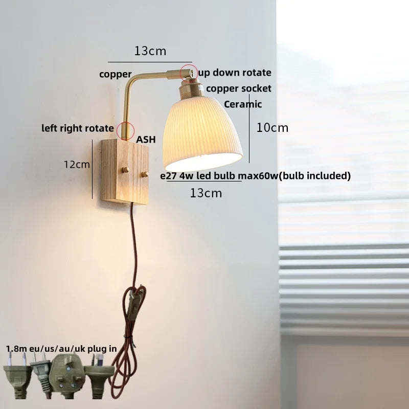 Walnut Brass Ceramic LED Wall Sconce | Modern Nordic Rotatable Stair Light