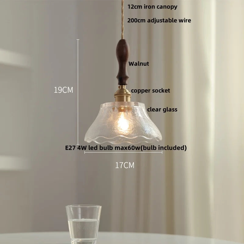 Nordic Walnut Wood LED Pendant Light Clear Glass Hang Lamp