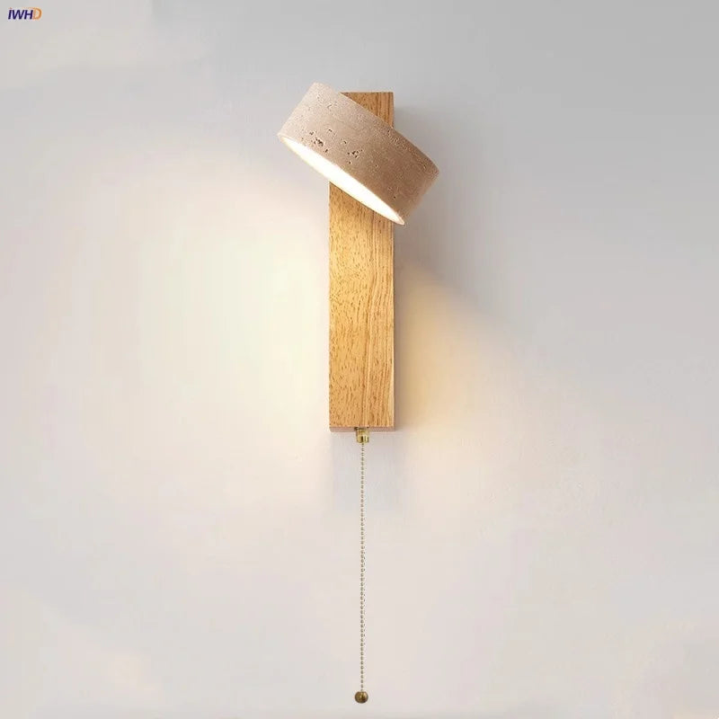 Yellow Travertine Wood Canopy LED Wall Light, Japan Style Bedside Lamp