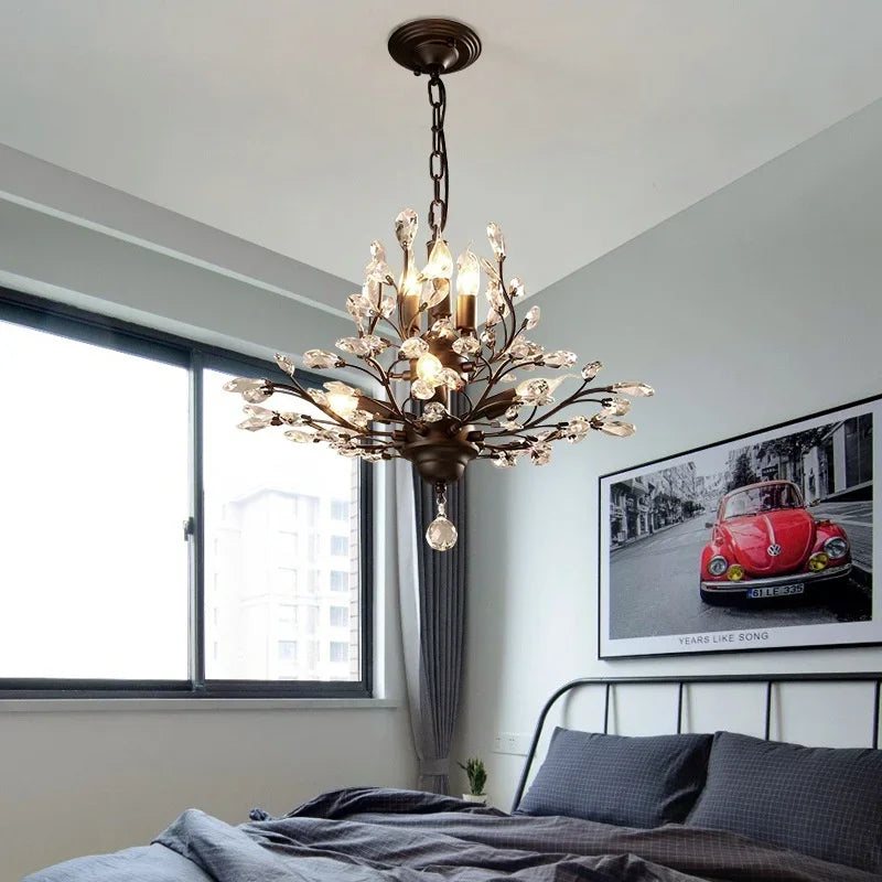 Afralia™ Retro Branch Black Crystal Chandelier, LED Pendant Light for Bedroom, Art Decor Lighting