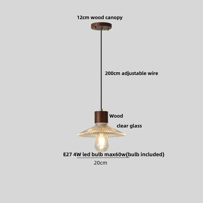 Clear Glass LED Pendant Light Fixture Wood Hanging Lamp