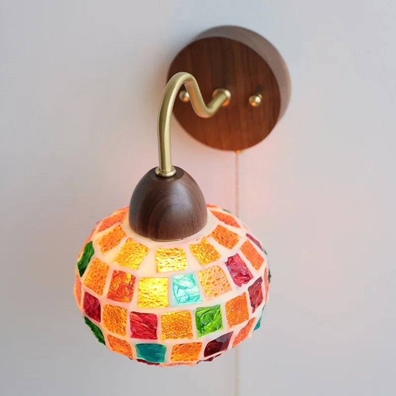 Tiffany Style LED Wall Sconce Walnut Wood Glass Stair Light.