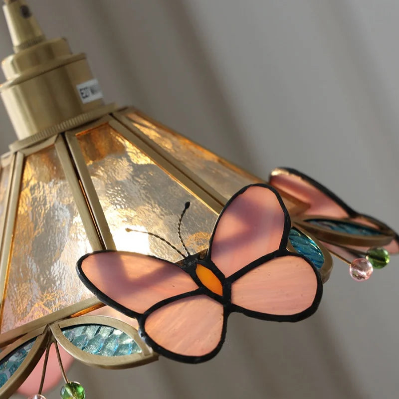 Butterfly Glass Flower LED Pendant Lamp – Tiffany Style Adjustable Hanging Lamp