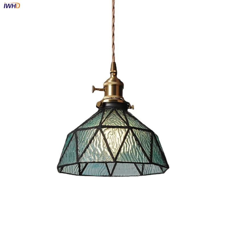 Blue Glass LED Pendant Light Fixture with Adjustable Copper Knob Switch