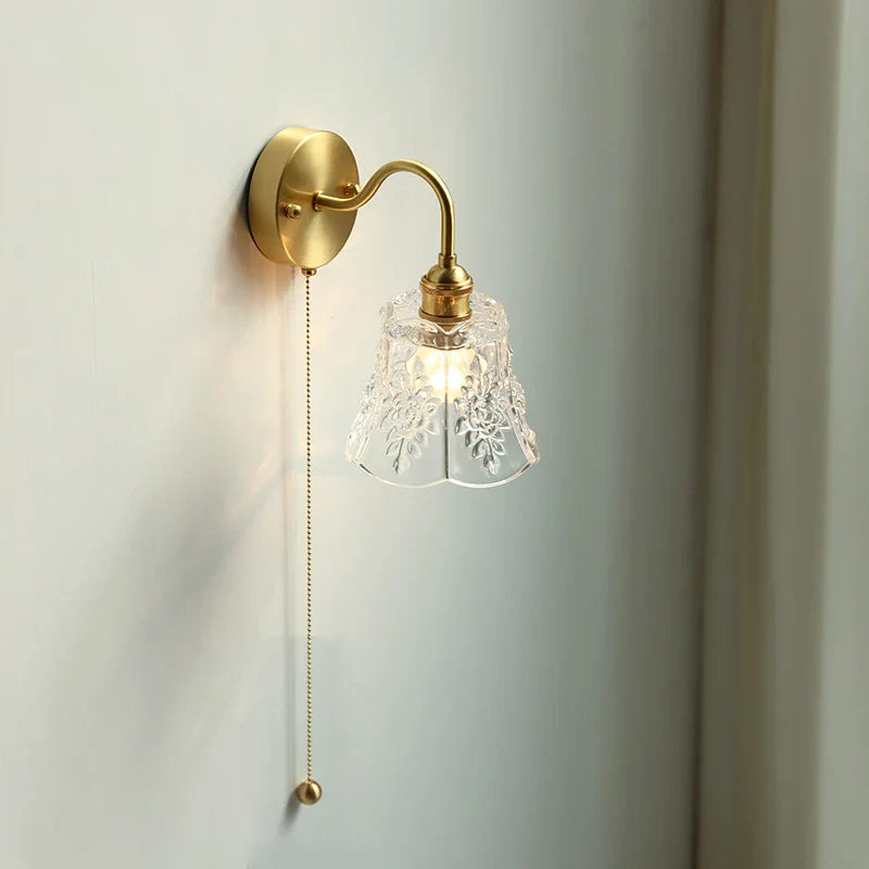 Clear Glass LED Wall Sconce Pull Chain Switch Modern Copper Bedside Lamp